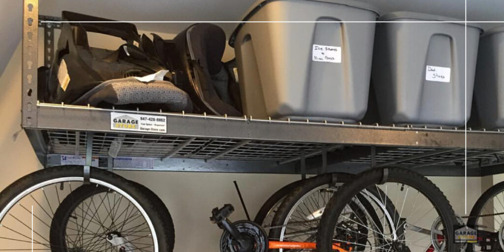 overhead storage rack installed by garage store with bike hooks